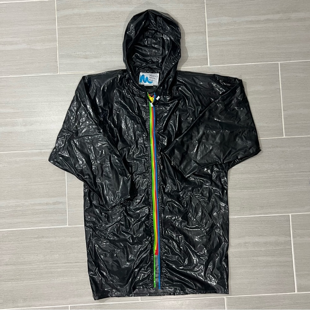 Vtg Slippery When Wet Rain Coat Wipette Women's Sz M Black Vinyl Rainbow Zipper